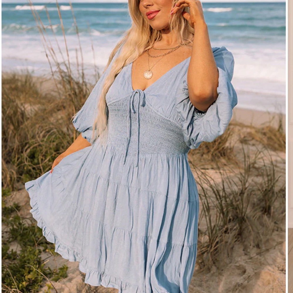 SMOCKED MINI DRESS IN SKY BLUE size 1X